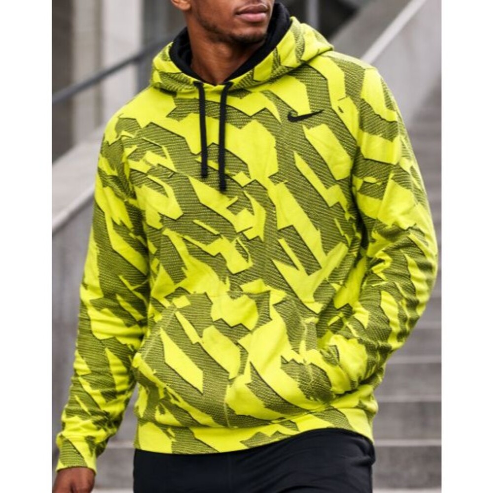 Nike Hoodie Mens XL Neon Yellow Volt Black All Over Print Pullover Sweatshirt